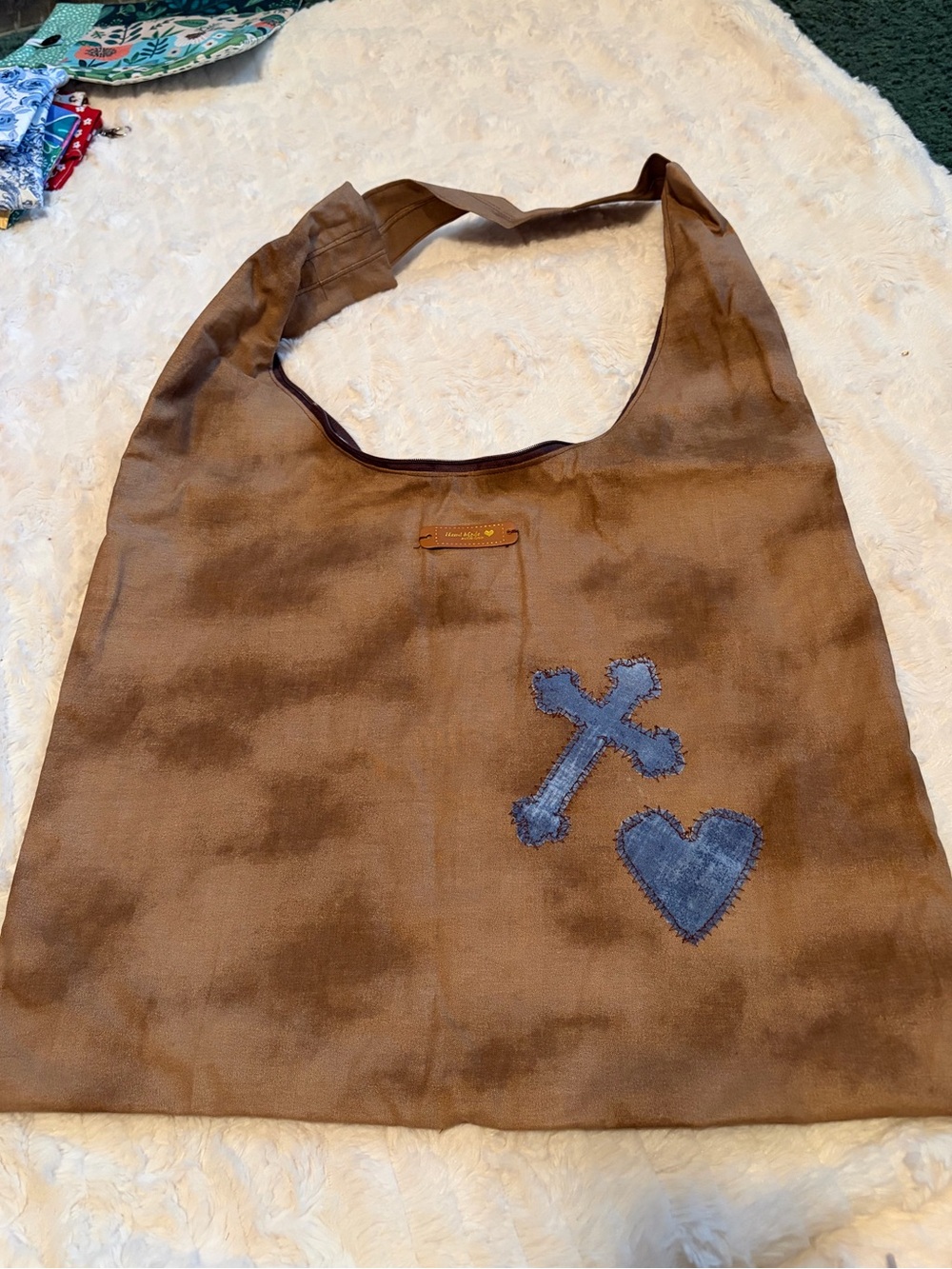 Handmade Quilted Tote Bag Denim Heart & Cross Appliqué